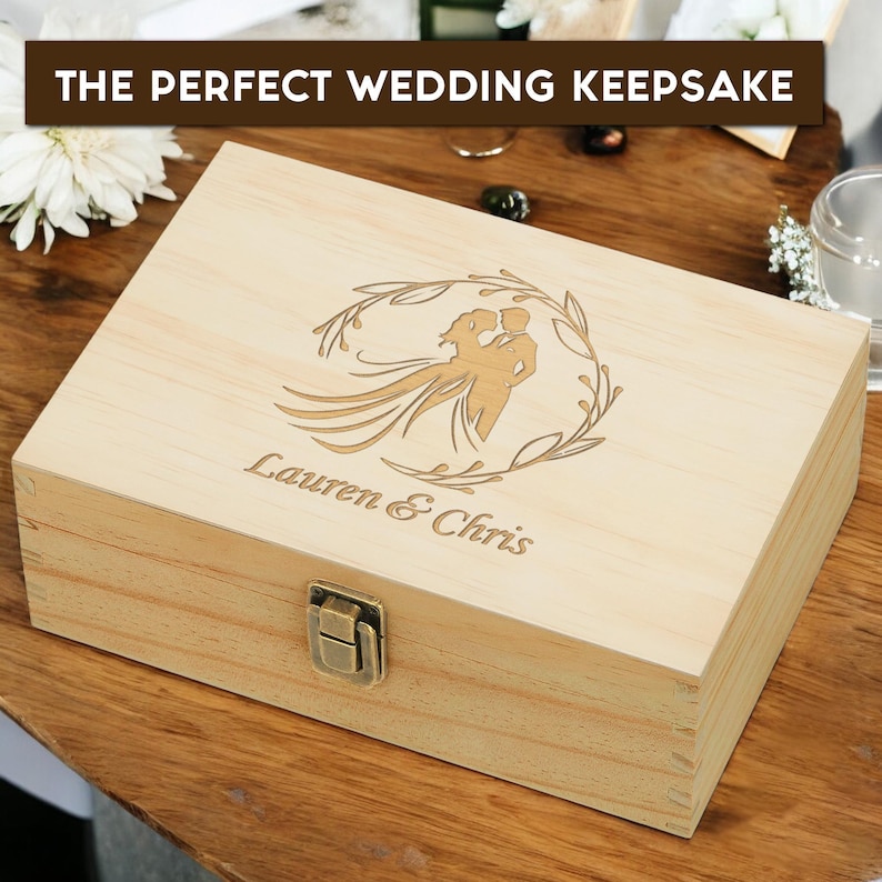Wood memory box, rustic wooden keepsake box, personalized engraved gift box, wedding memory chest, jewelry or photo box, couple's custom box image 2