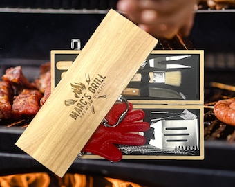 Grill Gift Set, BBQ Grilling Tools, Personalized BBQ Set, Barbecue Gift, Engrave Grill Tool, Grill Case, Man Grill Gift Idea, Gift for Grill