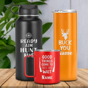 Laser engraved hunting tumbler, personalized hunting lover travel cup, double insulated drinkware mug, custom hunting season gifts for men
