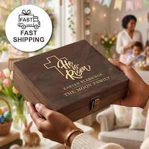 Caja de regalo cristiana personalizada para Pascua, Bendiciones de Pascua "Él ha resucitado", recuerdo de madera grabado a medida.