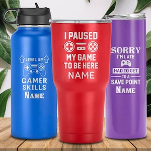 Personalized gamer tumbler, gaming gift, laser engraved game lover travel cup, custom drinkware, double insulated gaming lover coffee mug