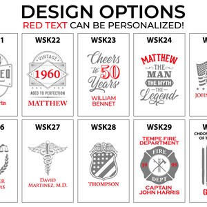 May include: A grid of 10 different designs for personalised drinkware. Each design features a unique graphic and text, including "Retired", "Vintage 1960", "Cheers to 50 Years", "Matthew The Man The Myth The Legend", "John Williams", "Jennifer Williams", "David Martinez, M.D.", "Thompson", "Tempe Fire Department", and "Garcia".