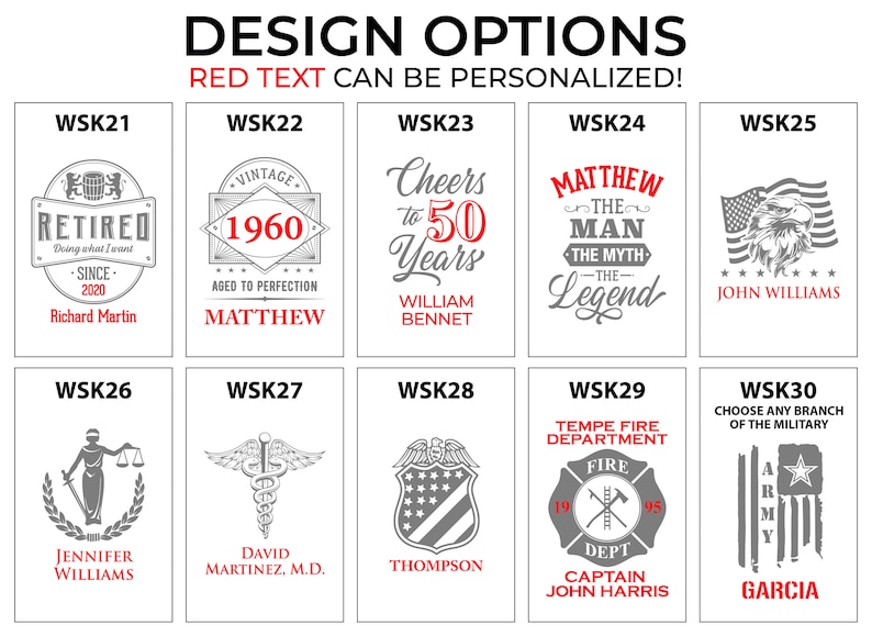 May include: A grid of 10 different designs for personalised drinkware. Each design features a unique graphic and text, including "Retired", "Vintage 1960", "Cheers to 50 Years", "Matthew The Man The Myth The Legend", "John Williams", "Jennifer Williams", "David Martinez, M.D.", "Thompson", "Tempe Fire Department", and "Garcia".