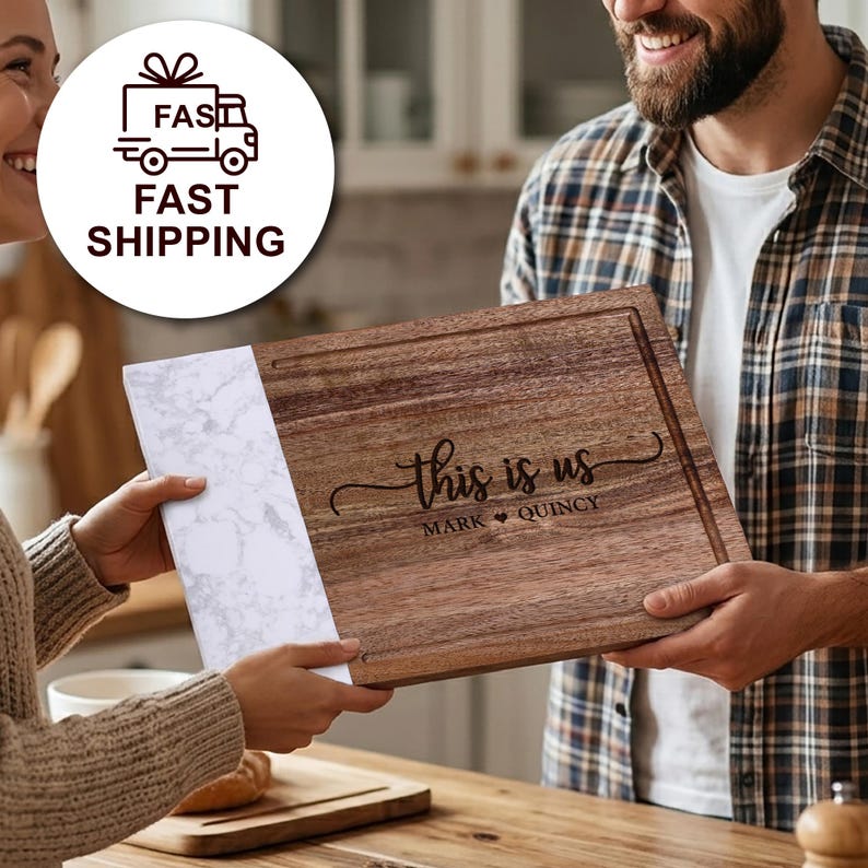 Fast shipping on personalized laser engraved walnut and marble cutting board with custom names. A thoughtful charcuterie board gift for weddings, anniversaries, housewarmings, engagements, Valentine's Day, and Christmas.