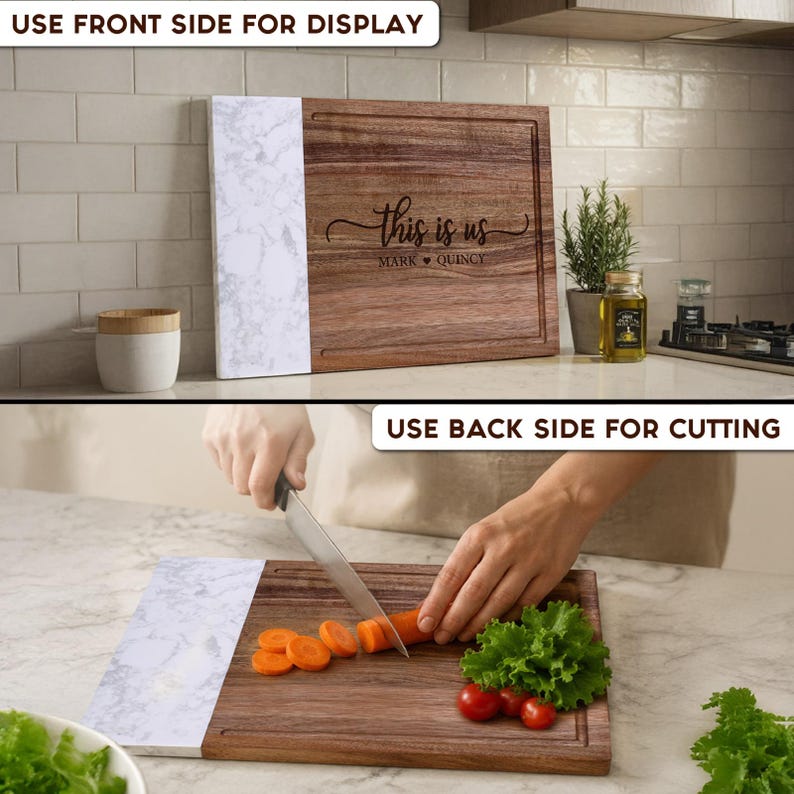May include: A rectangular cutting board featuring a dark brown wood grain section and a white marble-patterned side. The wood side is engraved with the text "this is us" and "MARK &hearts; QUINCY". The board includes a juice groove along the edge.
