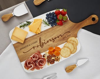 Personalized serving tray board, engraved wedding gift, cheese board platter, engagement gift, bridal shower gift, newlywed & couples gift