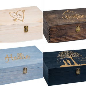 Wood Memory Box, Rustic Wooden Keepsake Box, Personalized Engraved Gift Box, Wedding Memory Chest, Jewelry or Photo Box, Couple's Custom Box image 5