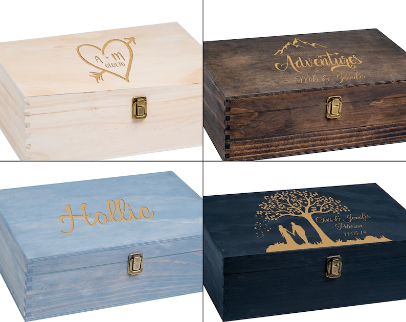 Wood Memory Box, Rustic Wooden Keepsake Box, Personalized Engraved Gift Box, Wedding Memory Chest, Jewelry or Photo Box, Couple's Custom Box image 5