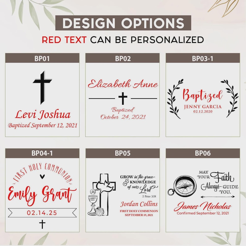 K&ouml;nnte beinhalten: Bild mit Designoptionen f&uuml;r personalisierte religi&ouml;se Andenken. Die Designs umfassen Kreuze, Namen, Daten und S&auml;tze wie "Getauft" und "Erste heilige Kommunion". Der Text "RED TEXT CAN BE PERSONALIZED" wird oben angezeigt.