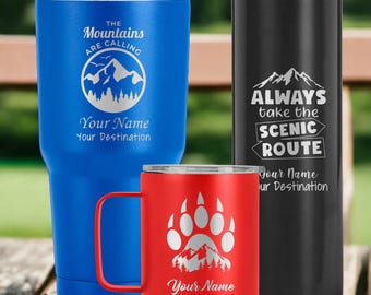 Custom camping mug, insulated mug, adventure mug, hiking camp mugs, metal coffee mugs, campfire mug, couples coffee gift, coffee gift