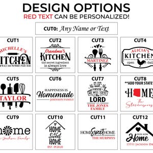 May include: A selection of kitchen and home decor design options with customizable text. Designs include kitchen-themed graphics, family names, and home-related phrases. The text "DESIGN OPTIONS" and "RED TEXT CAN BE PERSONALIZED!" are visible.