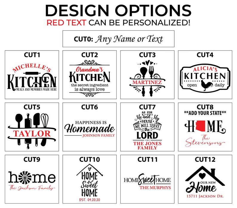 May include: A selection of kitchen and home decor design options with customizable text. Designs include kitchen-themed graphics, family names, and home-related phrases. The text "DESIGN OPTIONS" and "RED TEXT CAN BE PERSONALIZED!" are visible.