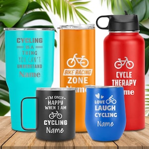 Cycling Tumbler, Personalized Bike Mug, Gift for Cyclist, Engraved Travel Cup, Cycle Lover Coffee Tumbler, Custom Bicycle Gift