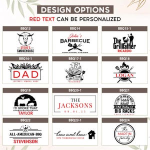 May include: A collection of personalized BBQ design options with red text. Designs include text and graphics such as a steer skull, grilling tools, a chef, and family names. The text "DESIGN OPTIONS" is at the top.