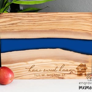 Personalized olive wood charcuterie board, unique resin serving board, custom gifts for housewarming & weddings
