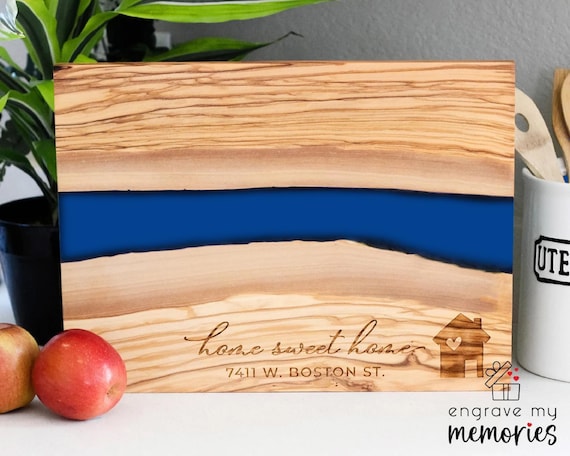 Personalized olive wood charcuterie board, unique resin serving board, custom gifts for housewarming & weddings