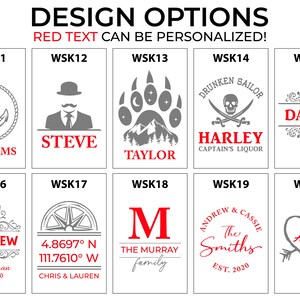 May include: Ten different designs for personalised drinkware. Each design features a different graphic, including an anchor, a gentleman in a hat, a bear paw print, a skull and crossbones, a heart with an arrow, a compass, a monogram, a wedding-themed design, and a lion. The text "WSK" followed by a number is displayed in red at the top of each design.