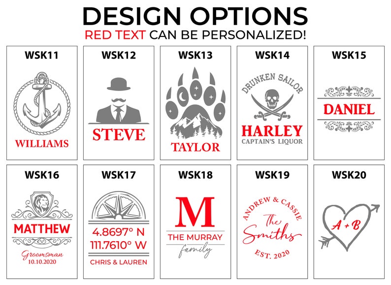 May include: Ten different designs for personalised drinkware. Each design features a different graphic, including an anchor, a gentleman in a hat, a bear paw print, a skull and crossbones, a heart with an arrow, a compass, a monogram, a wedding-themed design, and a lion. The text "WSK" followed by a number is displayed in red at the top of each design.