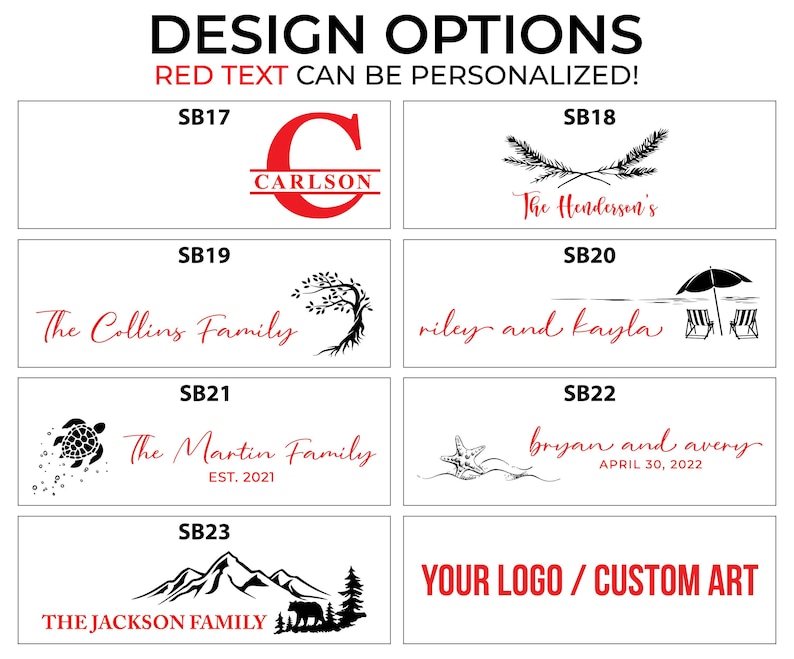K&ouml;nnte beinhalten: Grafik mit Designoptionen mit dem Text "DESIGN OPTIONS" und "RED TEXT CAN BE PERSONALIZED!". Die Designs umfassen Familiennamen, Initialen und individuelle Kunstoptionen, alles in Schwarz und Rot.