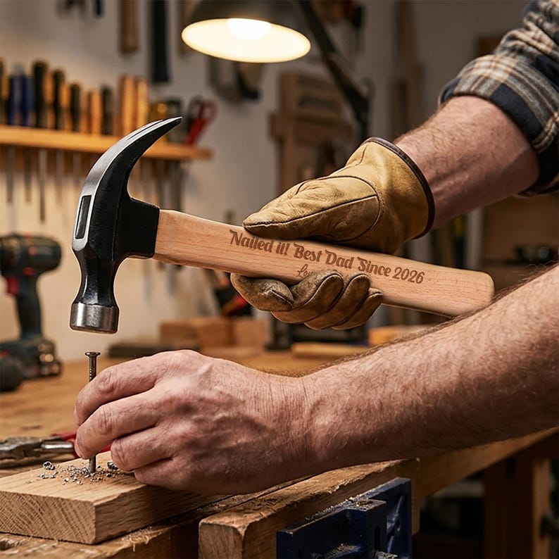 May include: A claw hammer with a light-colored wooden handle featuring the engraved text 'Nailed it! Best Dad Since 2026'. The hammer head is made of dark metal, and the handle is held by a tan leather work glove while driving a metal nail into wood.