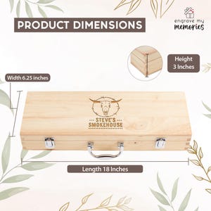May include: A light-colored wooden box with a handle and metal clasps. The box has the text "STEVE'S SMOKEHOUSE" and a bull skull design. Dimensions are 18 inches long, 6.25 inches wide, and 3 inches high.