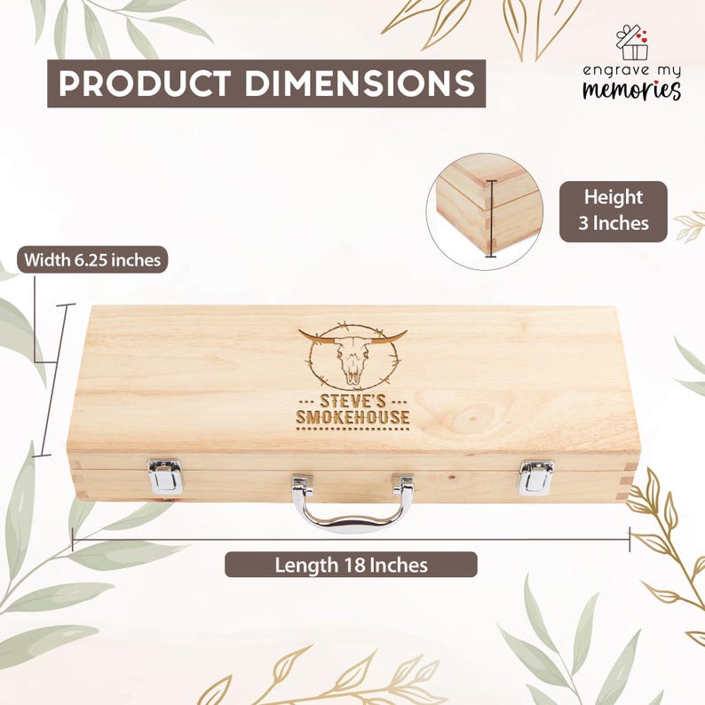 May include: A light-colored wooden box with a handle and metal clasps. The box has the text "STEVE'S SMOKEHOUSE" and a bull skull design. Dimensions are 18 inches long, 6.25 inches wide, and 3 inches high.