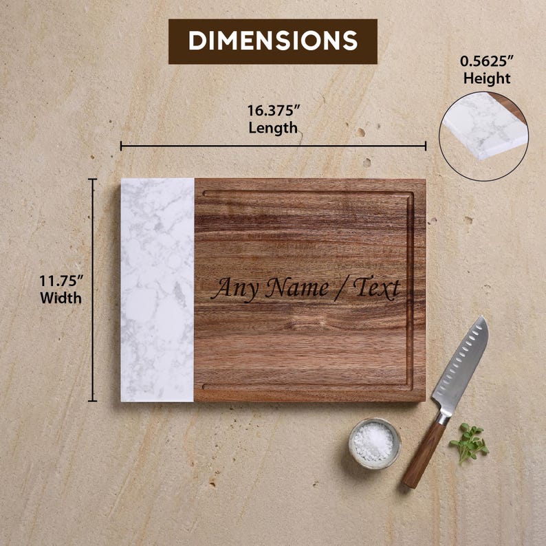 Large personalized acacia wood and marble cutting board measuring 16.375 x 11.75 inches with a 0.5625-inch thickness. Custom laser engraved charcuterie board ideal for food preparation, serving, and personalized gift giving.