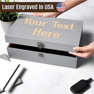 Custom laser-engraved wooden memory box in a sleek gray finish, handcrafted in the USA. Personalize with your own text, perfect for holding keepsakes, photos, and special memento. A thoughtful gift for weddings, anniversaries, or any occasion.