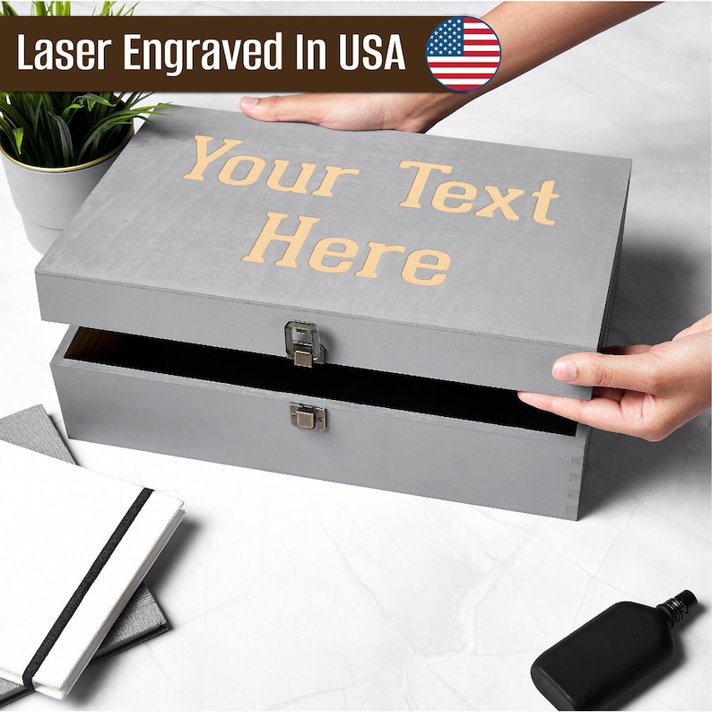 Custom laser-engraved wooden memory box in a sleek gray finish, handcrafted in the USA. Personalize with your own text, perfect for holding keepsakes, photos, and special memento. A thoughtful gift for weddings, anniversaries, or any occasion.