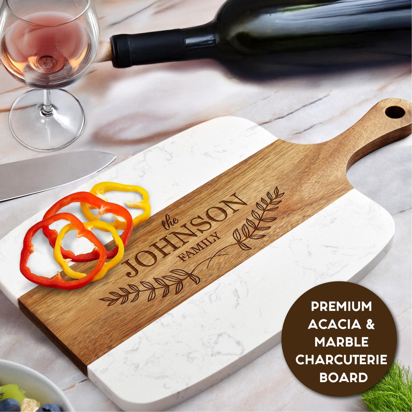 Personalized wedding gift for couple, custom marble and wood charcuterie board, engraved cutting board, anniversary gift, housewarming gift - CB11, Board w/Knives Only