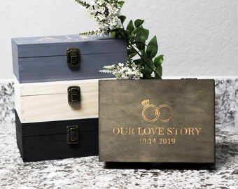 Custom Engagement Wooden Memory Box, Gift for Couples, Custom Box, Anniversary Gift Box, Rustic Wooden Keepsake Box, Engraved Gift Box