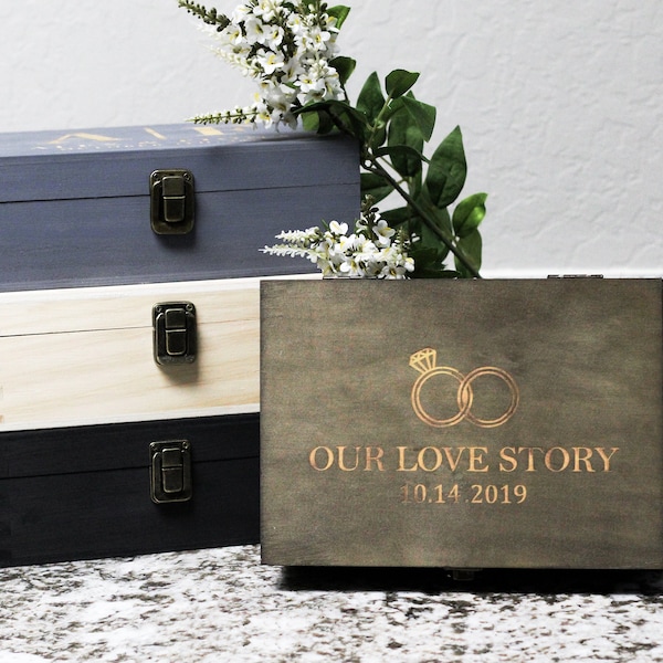 Custom Engagement Wooden Memory Box, Gift for Couples, Custom Box, Anniversary Gift Box, Rustic Wooden Keepsake Box, Engraved Gift Box