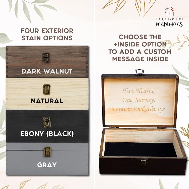 Wood memory box, rustic wooden keepsake box, personalized engraved gift box, wedding memory chest, jewelry or photo box, couple's custom box image 6