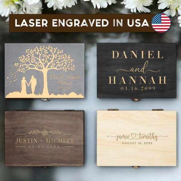 Wood memory box, rustic wooden keepsake box, personalized engraved gift box, wedding memory chest, jewelry or photo box, couple's custom box