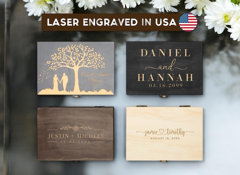 Wood memory box, rustic wooden keepsake box, personalized engraved gift box, wedding memory chest, jewelry or photo box, couple's custom box image 1
