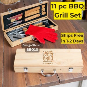 Retirement gift for men, personalized bbq grill set, custom grilling tools for dad, husband, or coworker, engraved barbecue gift