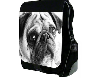 Black and White Pug Large Black School Backpack