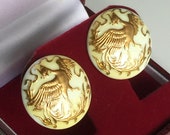 Toshikane Raised Gold Gilt Porcelain Heron or Crane Bird Earrings, Screw Back