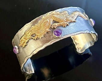 Vintage Chinese Sterling Amethyst Cabochon Cuff Bracelet, Gold Repousse Dragon, Heavy 50 grams