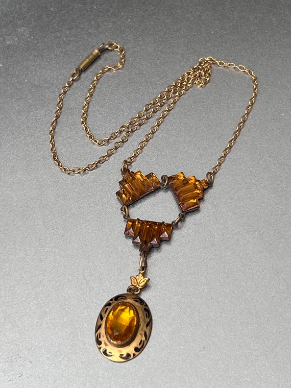 Art Deco Citrine Glass Vauxhall Dangle Drop Neckl… - image 5