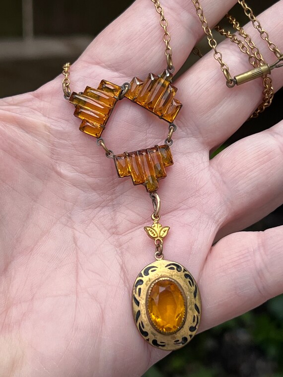 Art Deco Citrine Glass Vauxhall Dangle Drop Neckl… - image 8