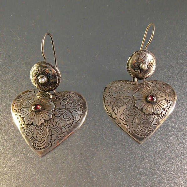 Vintage Sterling Heart Earrings Amethyst Pearl Etched Flower Dangles