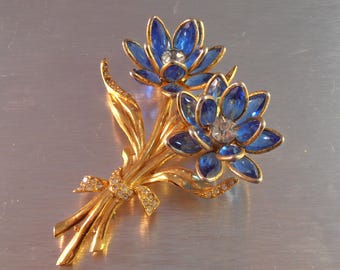 Trifari style Rhinestone Flower Brooch, Open Bezel Set Cobalt Blue, Dimensional Statement 3.5"