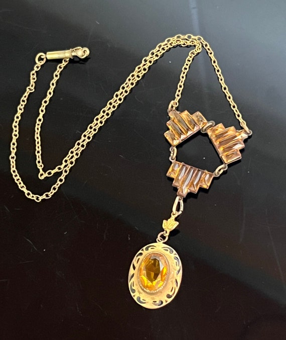 Art Deco Citrine Glass Vauxhall Dangle Drop Neckla