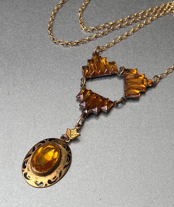 Art Deco Citrine Glass Vauxhall Dangle Drop Neckl… - image 3