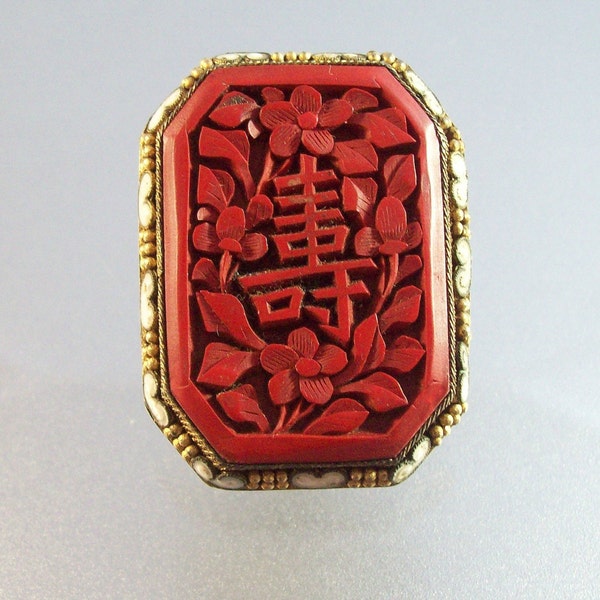 Vintage Chinese Export Carved Cinnabar Enamel Dress Clip, Art Deco Stamped China