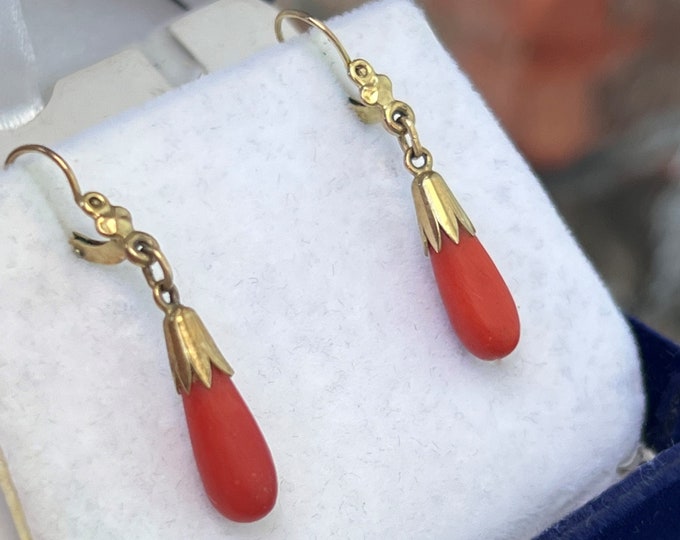 8K 333 Yellow Gold Victorian Coral Torpedo Dangle Earrings, Red Salmon ...