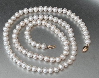 Vintage 7mm Pearl Necklace, 14K Clasp, Hand Knotted, 24” Long