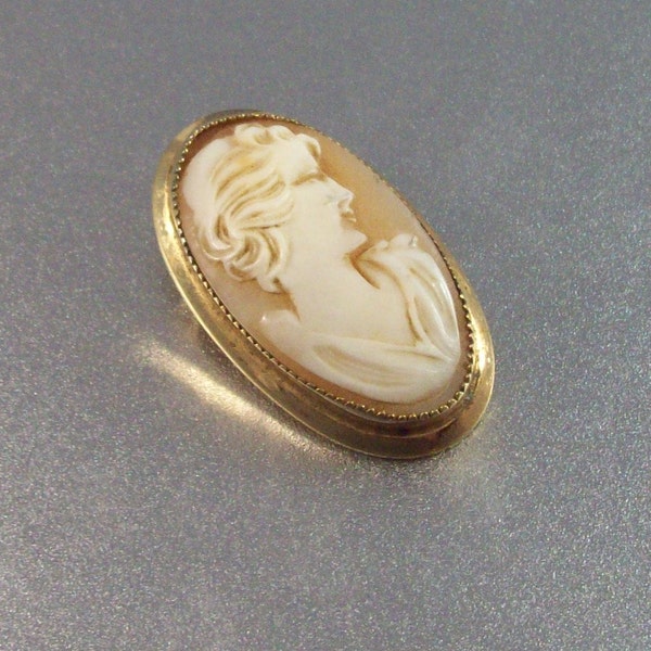 RESERVED Catamore Cameo Brooch Vintage 12k Gold Filled Carved Shell Cameo Victorian Revival Classic Maiden