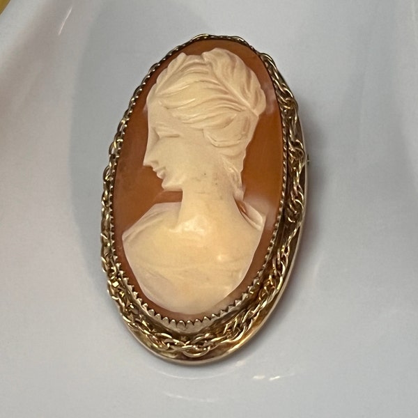 Vintage 12K Gold Filled Catamore Cameo Brooch, Elongated Oval, Rope Chain Border